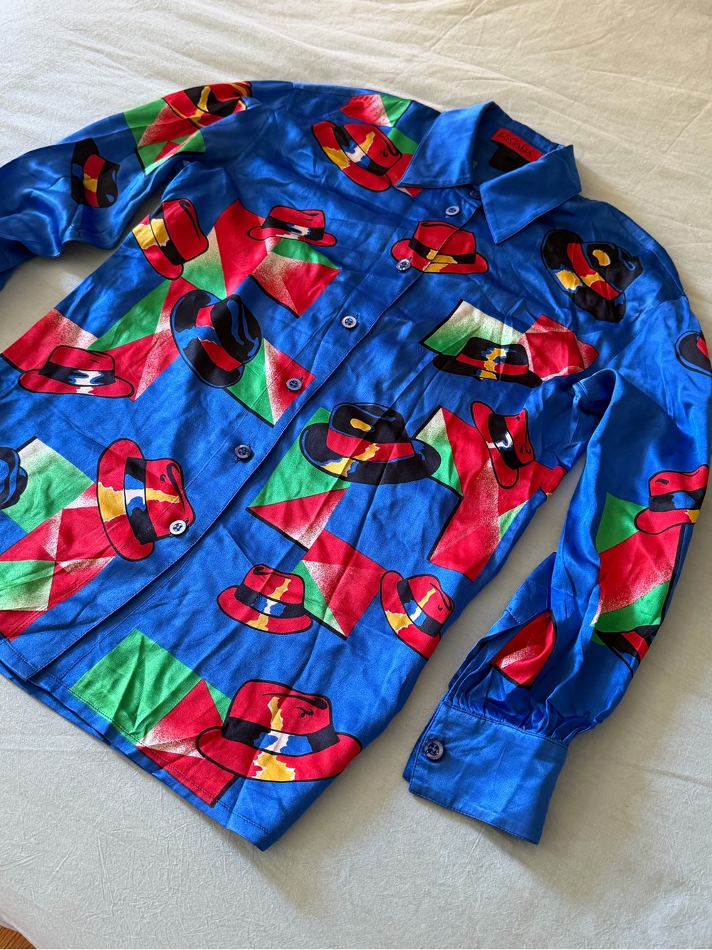 Escada Bright Blue Button-Up Shirt with Red & Green Hat Print